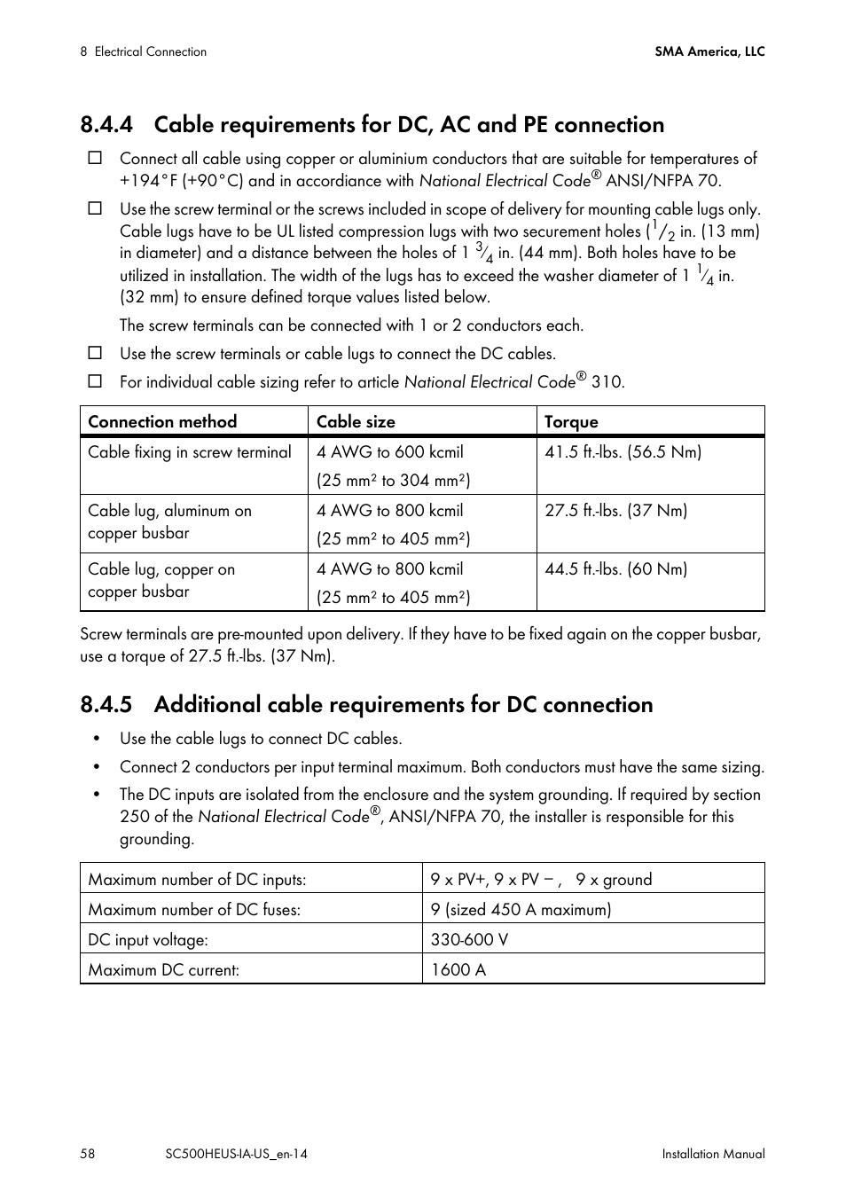 4 cable requirements for dc, ac and pe connection, 5 additional cable requirements for dc connection | SMA SC 500HE-US Installation User Manual | Page 58 / 88