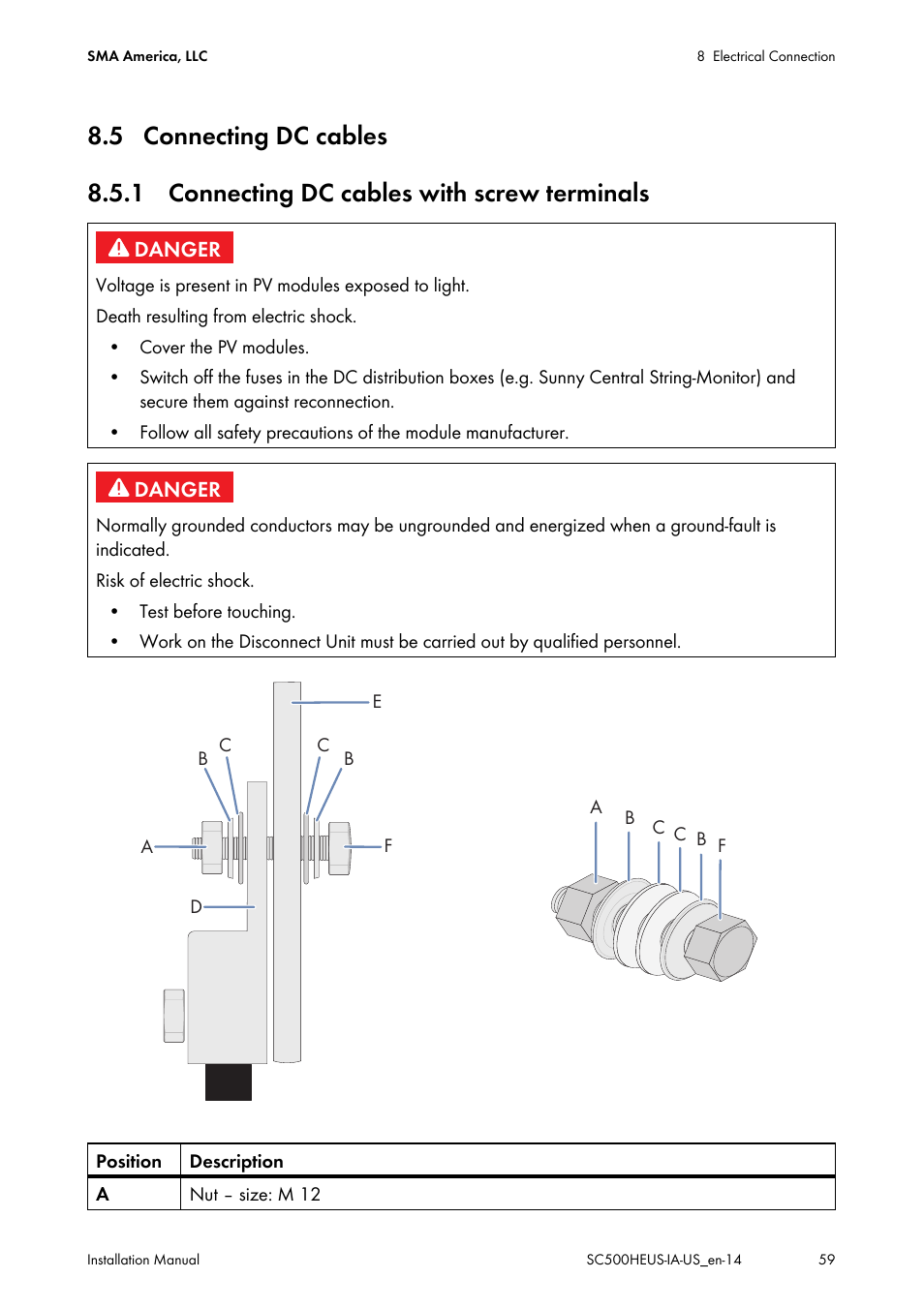 5 connecting dc cables, 1 connecting dc cables with screw terminals | SMA SC 500HE-US Installation User Manual | Page 59 / 88