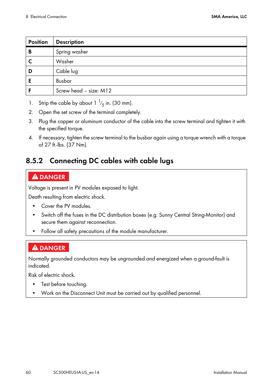 2 connecting dc cables with cable lugs | SMA SC 500HE-US Installation User Manual | Page 60 / 88