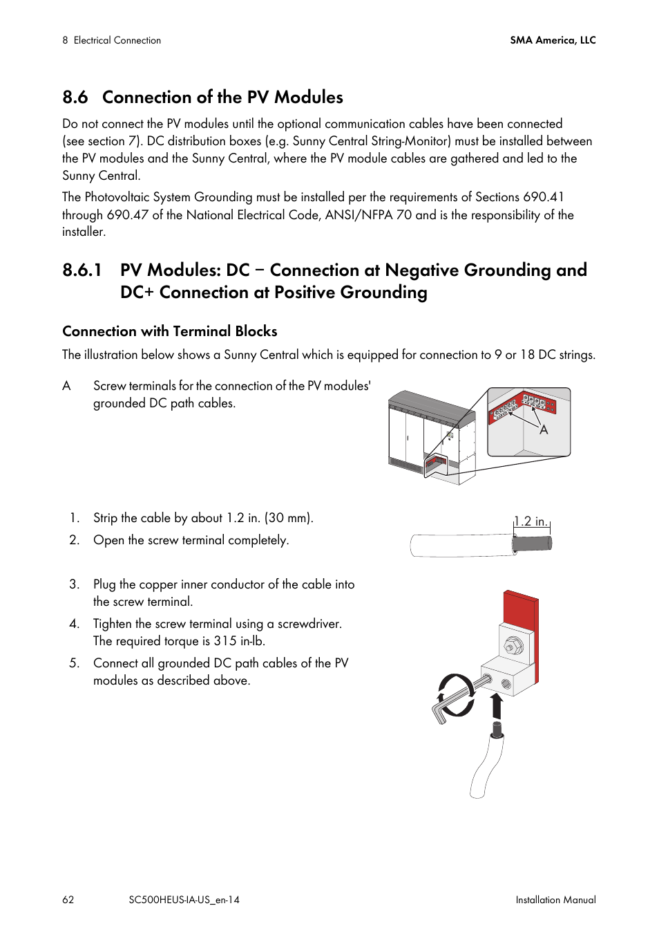 6 connection of the pv modules, Connection at positive grounding | SMA SC 500HE-US Installation User Manual | Page 62 / 88