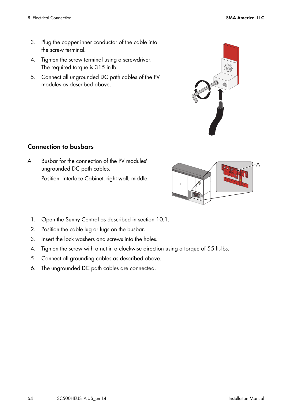 Connection to busbars | SMA SC 500HE-US Installation User Manual | Page 64 / 88