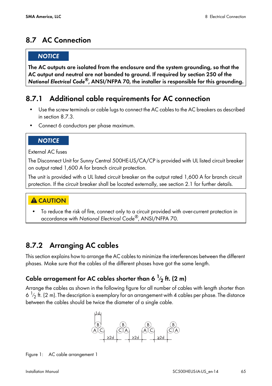 7 ac connection, 1 additional cable requirements for ac connection, 2 arranging ac cables | SMA SC 500HE-US Installation User Manual | Page 65 / 88