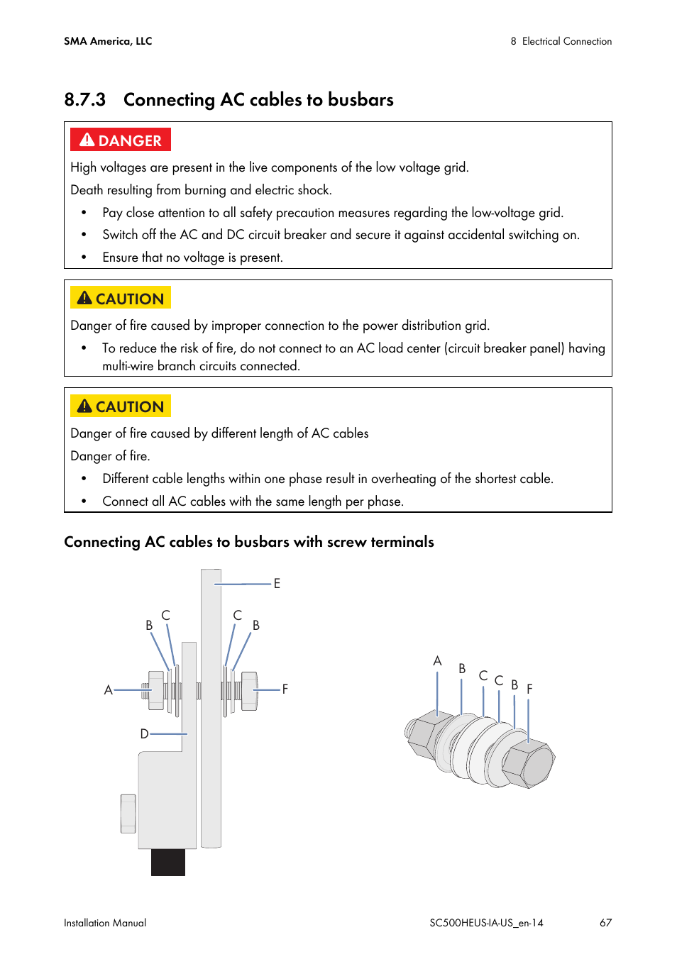 3 connecting ac cables to busbars | SMA SC 500HE-US Installation User Manual | Page 67 / 88