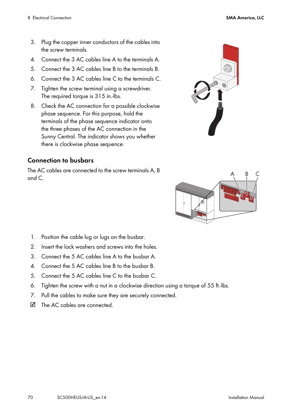 Connection to busbars | SMA SC 500HE-US Installation User Manual | Page 70 / 88