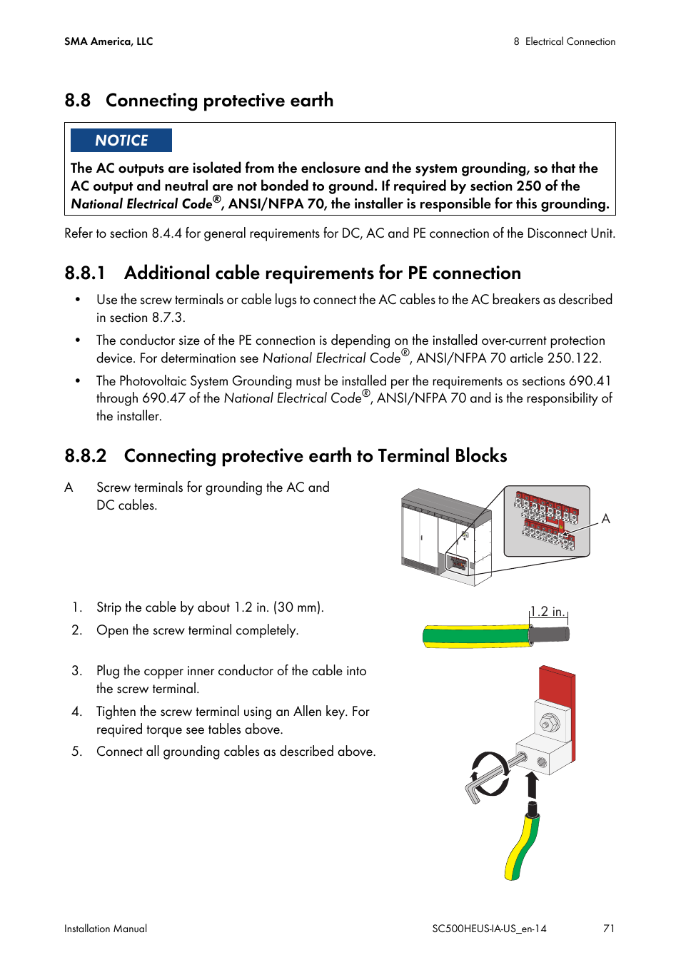 8 connecting protective earth, 1 additional cable requirements for pe connection, 2 connecting protective earth to terminal blocks | SMA SC 500HE-US Installation User Manual | Page 71 / 88