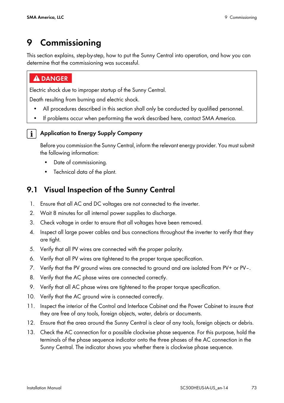 9 commissioning, 1 visual inspection of the sunny central | SMA SC 500HE-US Installation User Manual | Page 73 / 88