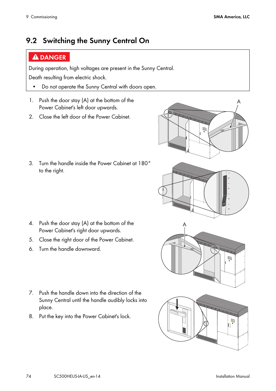 2 switching the sunny central on | SMA SC 500HE-US Installation User Manual | Page 74 / 88