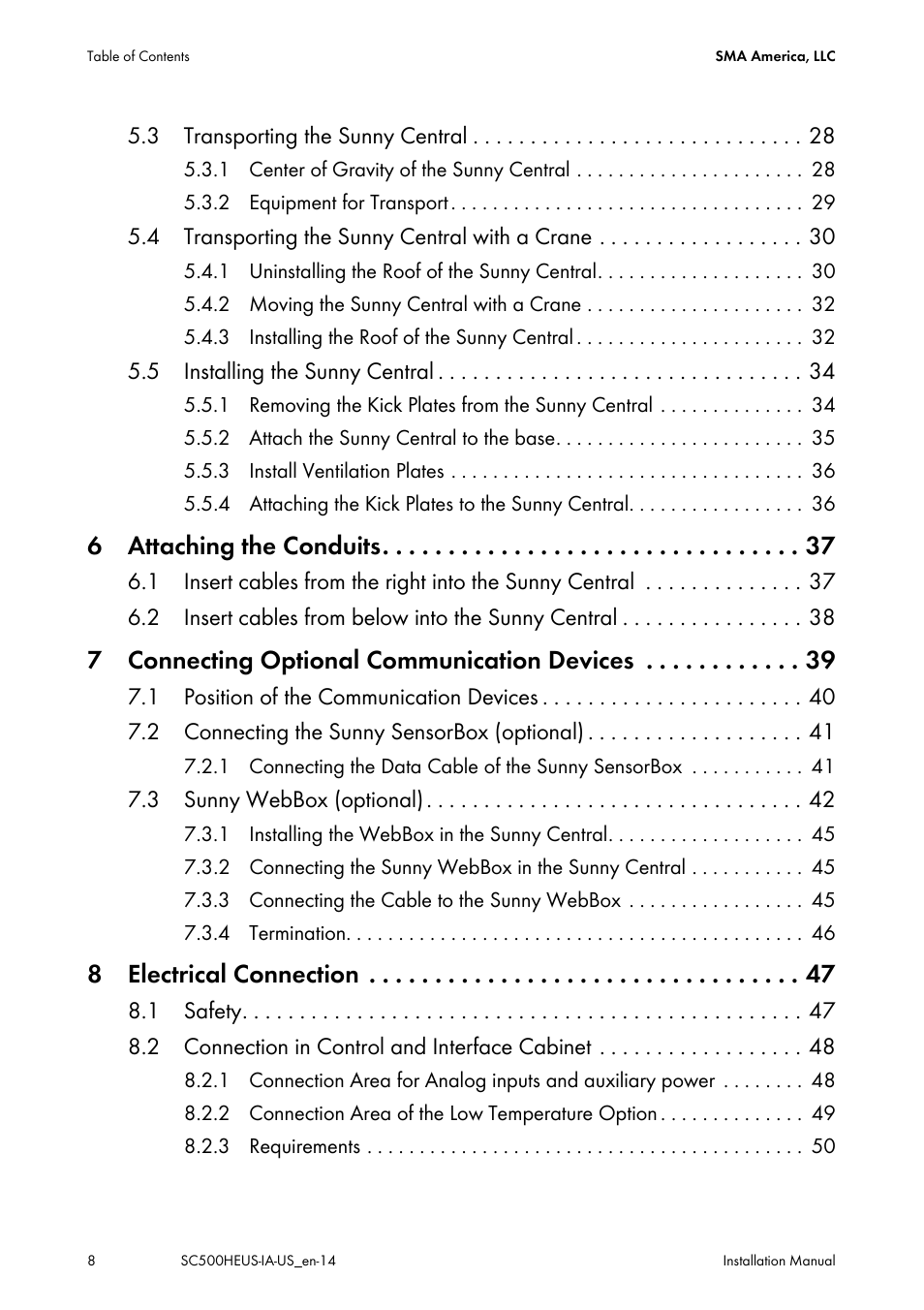 6 attaching the conduits, 7 connecting optional communication devices, 8 electrical connection | SMA SC 500HE-US Installation User Manual | Page 8 / 88