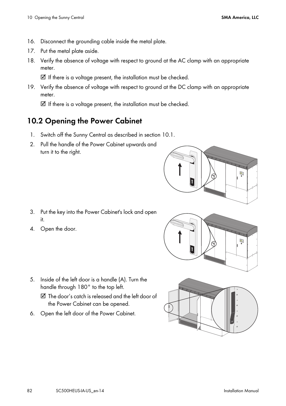 2 opening the power cabinet | SMA SC 500HE-US Installation User Manual | Page 82 / 88