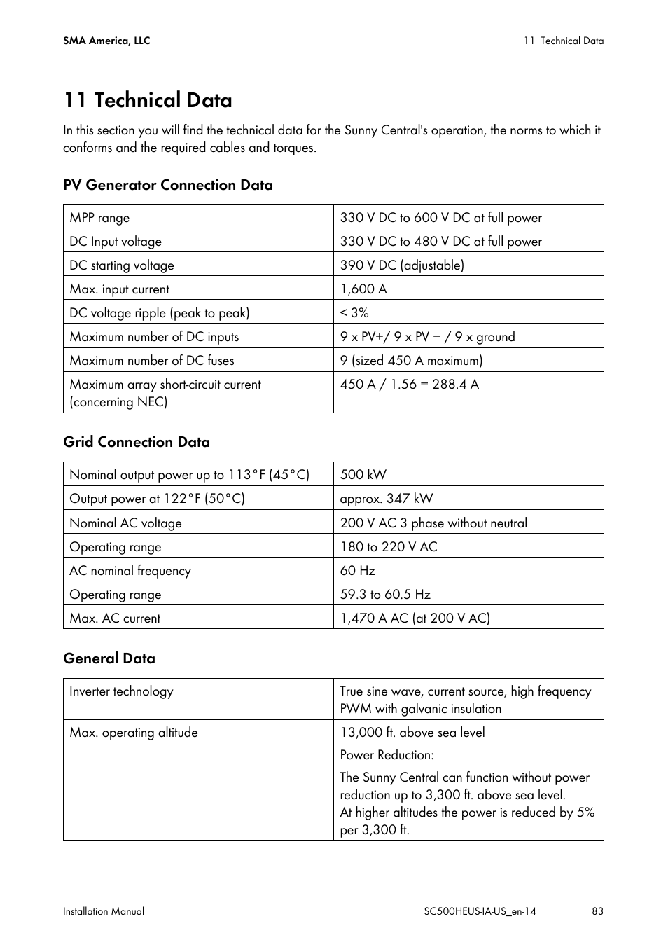 11 technical data | SMA SC 500HE-US Installation User Manual | Page 83 / 88
