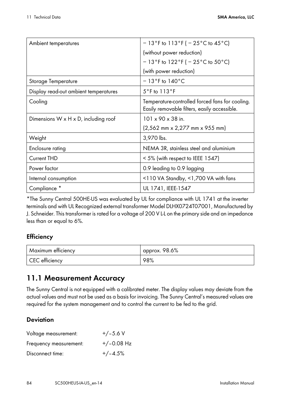 1 measurement accuracy | SMA SC 500HE-US Installation User Manual | Page 84 / 88