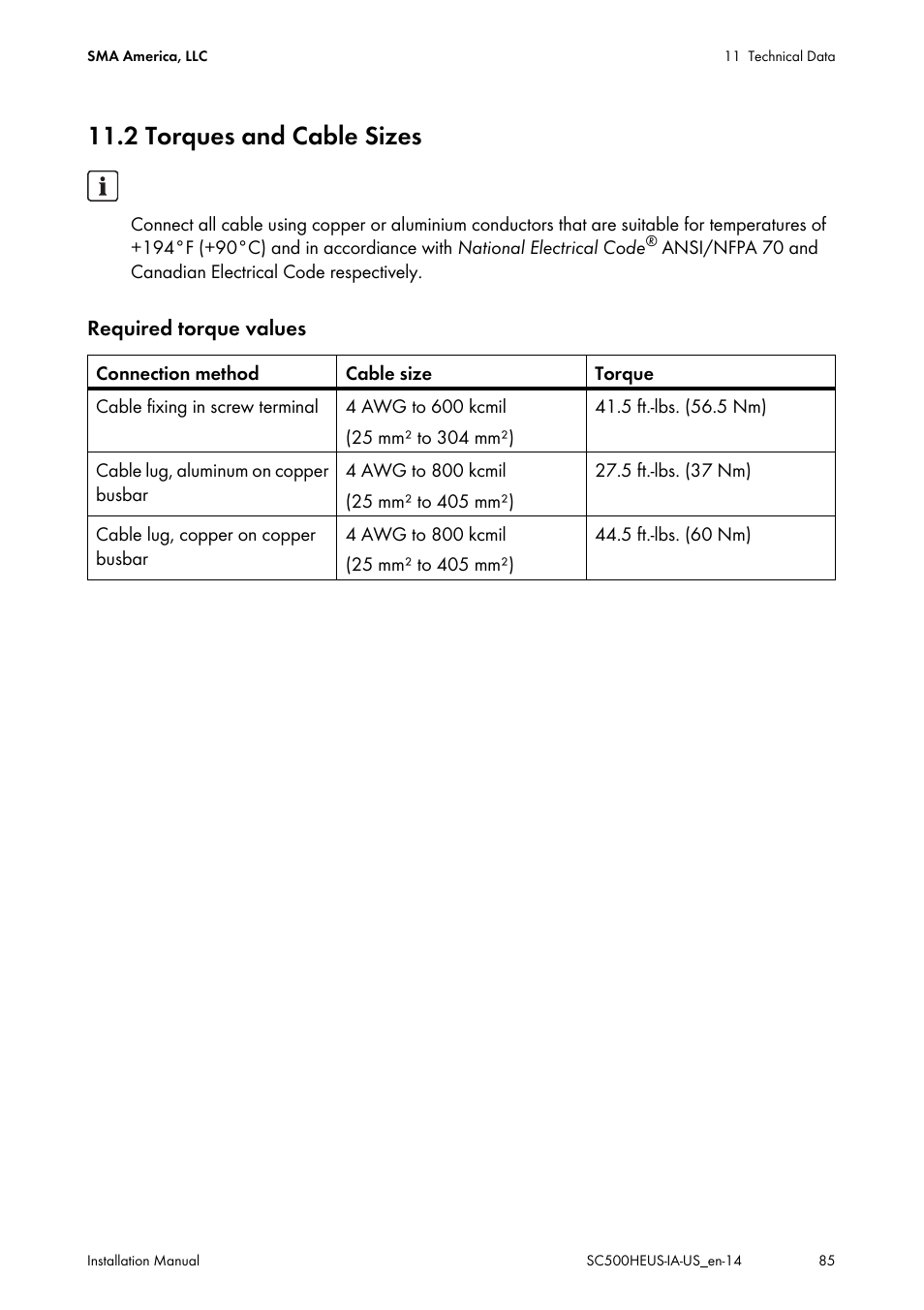 2 torques and cable sizes | SMA SC 500HE-US Installation User Manual | Page 85 / 88
