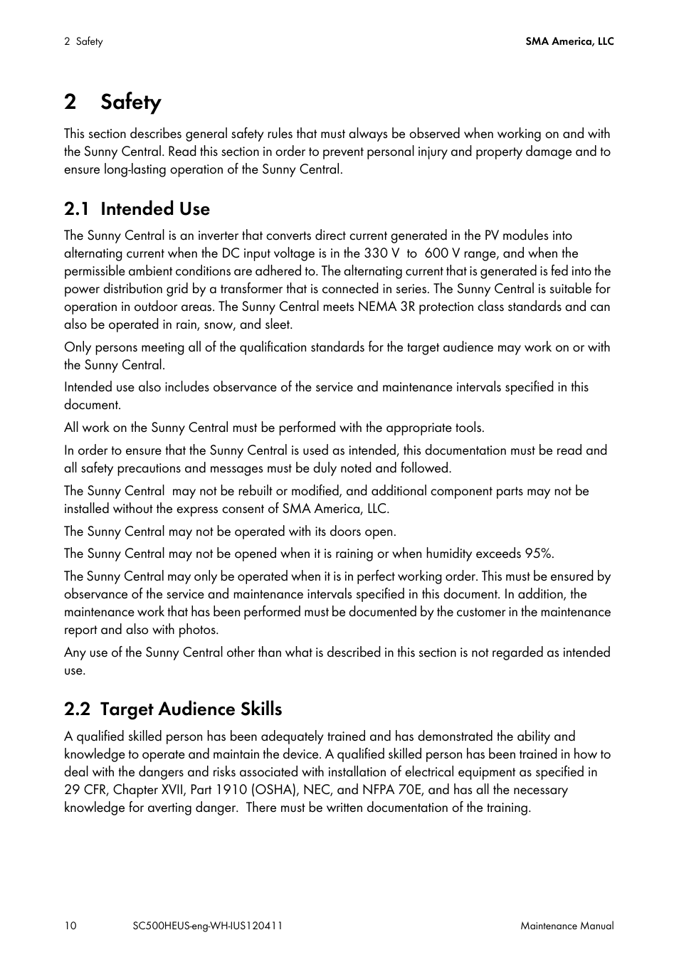 2 safety, 1 intended use, 2 target audience skills | Safety, Intended use, Target audience skills | SMA SC 500HE-US Maintenance Manual User Manual | Page 10 / 48