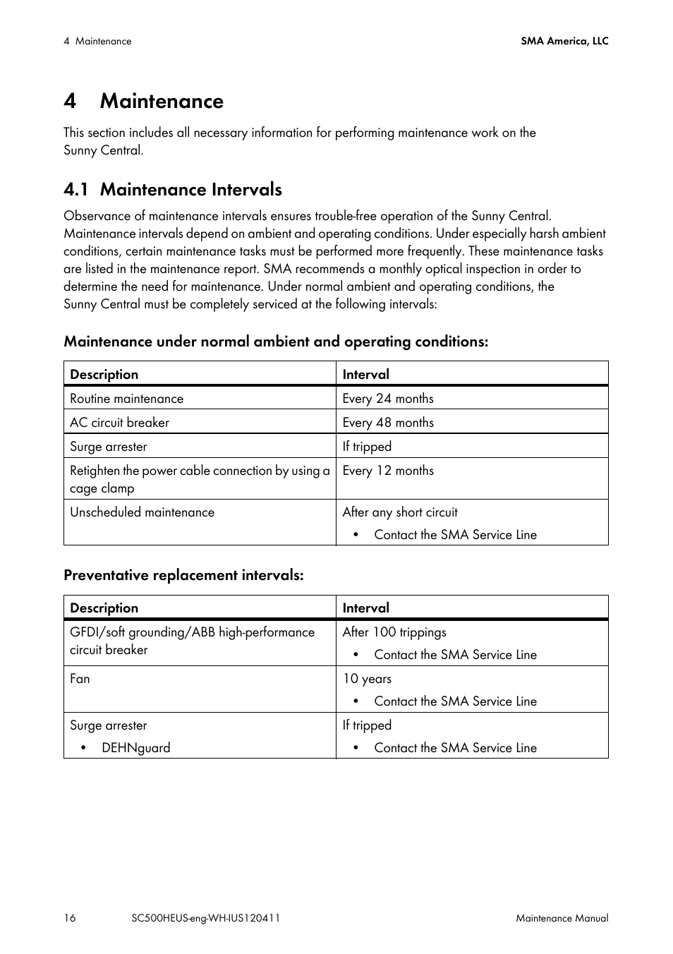 4 maintenance, 1 maintenance intervals, Maintenance | Maintenance intervals | SMA SC 500HE-US Maintenance Manual User Manual | Page 16 / 48