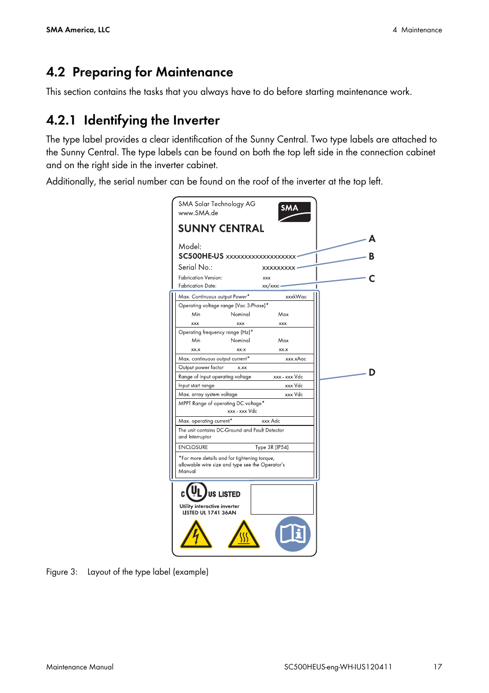 2 preparing for maintenance, 1 identifying the inverter, Preparing for maintenance | Identifying the inverter | SMA SC 500HE-US Maintenance Manual User Manual | Page 17 / 48
