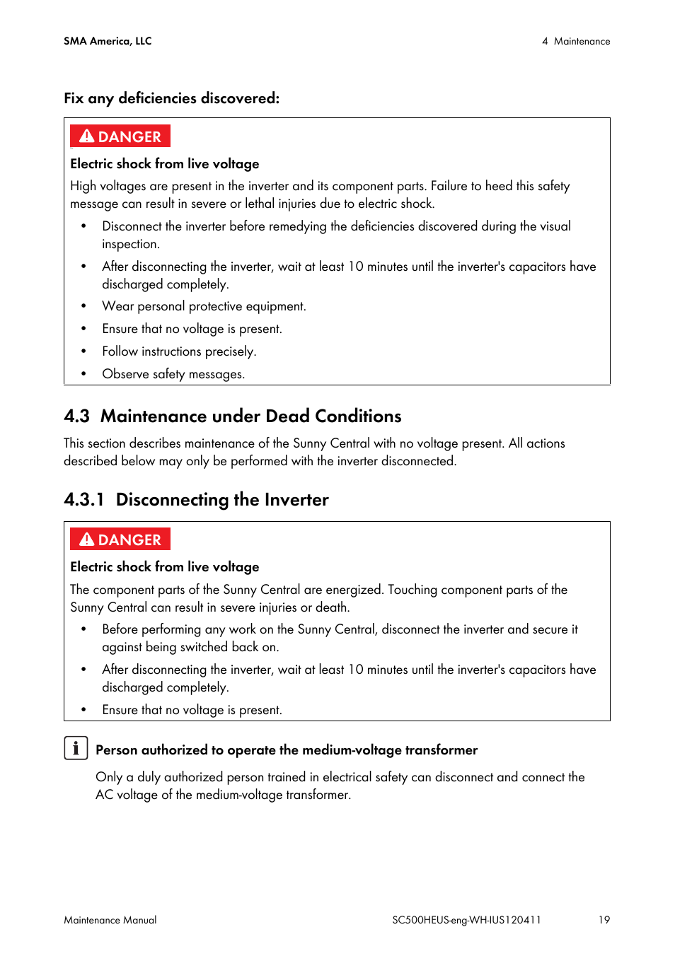 3 maintenance under dead conditions, 1 disconnecting the inverter, Maintenance under dead conditions | Disconnecting the inverter | SMA SC 500HE-US Maintenance Manual User Manual | Page 19 / 48