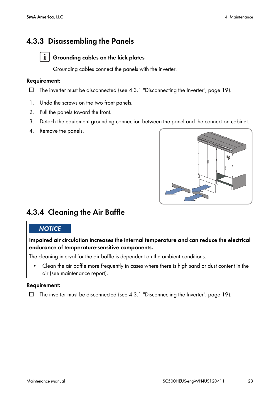3 disassembling the panels, 4 cleaning the air baffle, Disassembling the panels | Cleaning the air baffle | SMA SC 500HE-US Maintenance Manual User Manual | Page 23 / 48