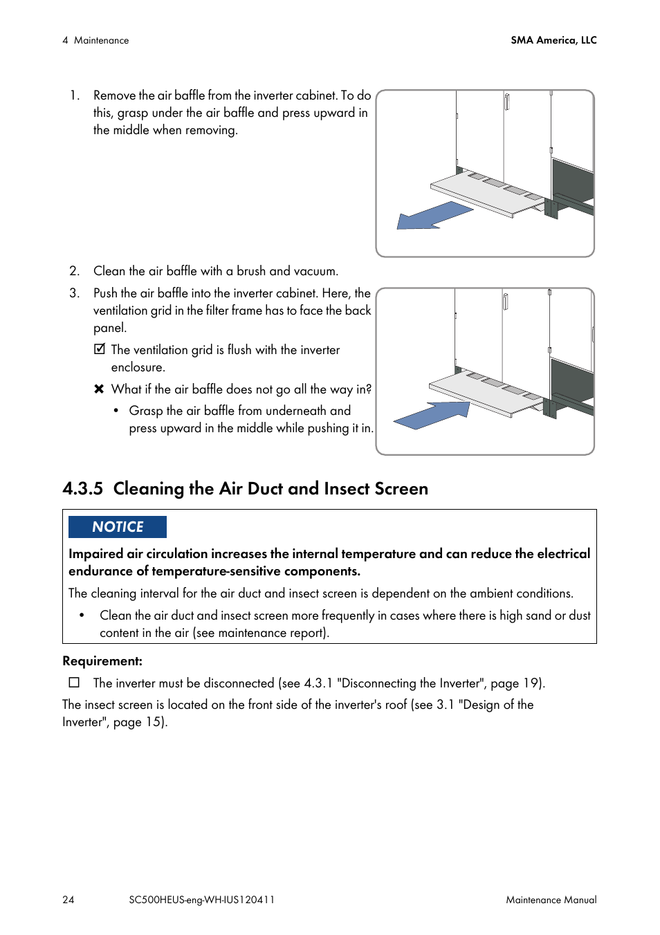 5 cleaning the air duct and insect screen, Cleaning the air duct and insect screen | SMA SC 500HE-US Maintenance Manual User Manual | Page 24 / 48
