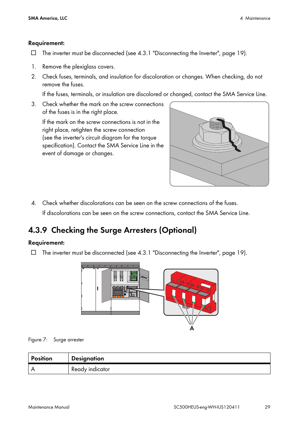 9 checking the surge arresters (optional), Checking the surge arresters (optional) | SMA SC 500HE-US Maintenance Manual User Manual | Page 29 / 48
