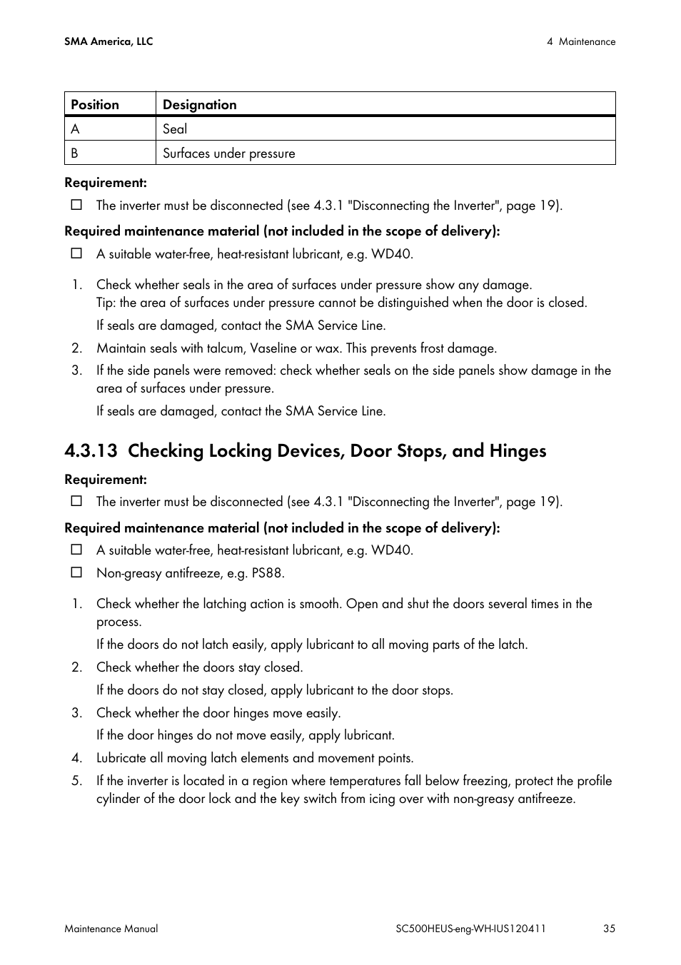 Checking locking devices, door stops, and hinges | SMA SC 500HE-US Maintenance Manual User Manual | Page 35 / 48