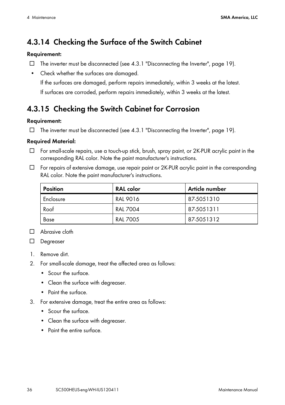 14 checking the surface of the switch cabinet, 15 checking the switch cabinet for corrosion, Checking the surface of the switch cabinet | Checking the switch cabinet for corrosion | SMA SC 500HE-US Maintenance Manual User Manual | Page 36 / 48