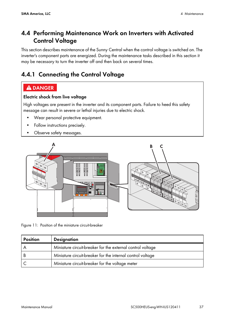 1 connecting the control voltage, Control voltage, Connecting the control voltage | SMA SC 500HE-US Maintenance Manual User Manual | Page 37 / 48