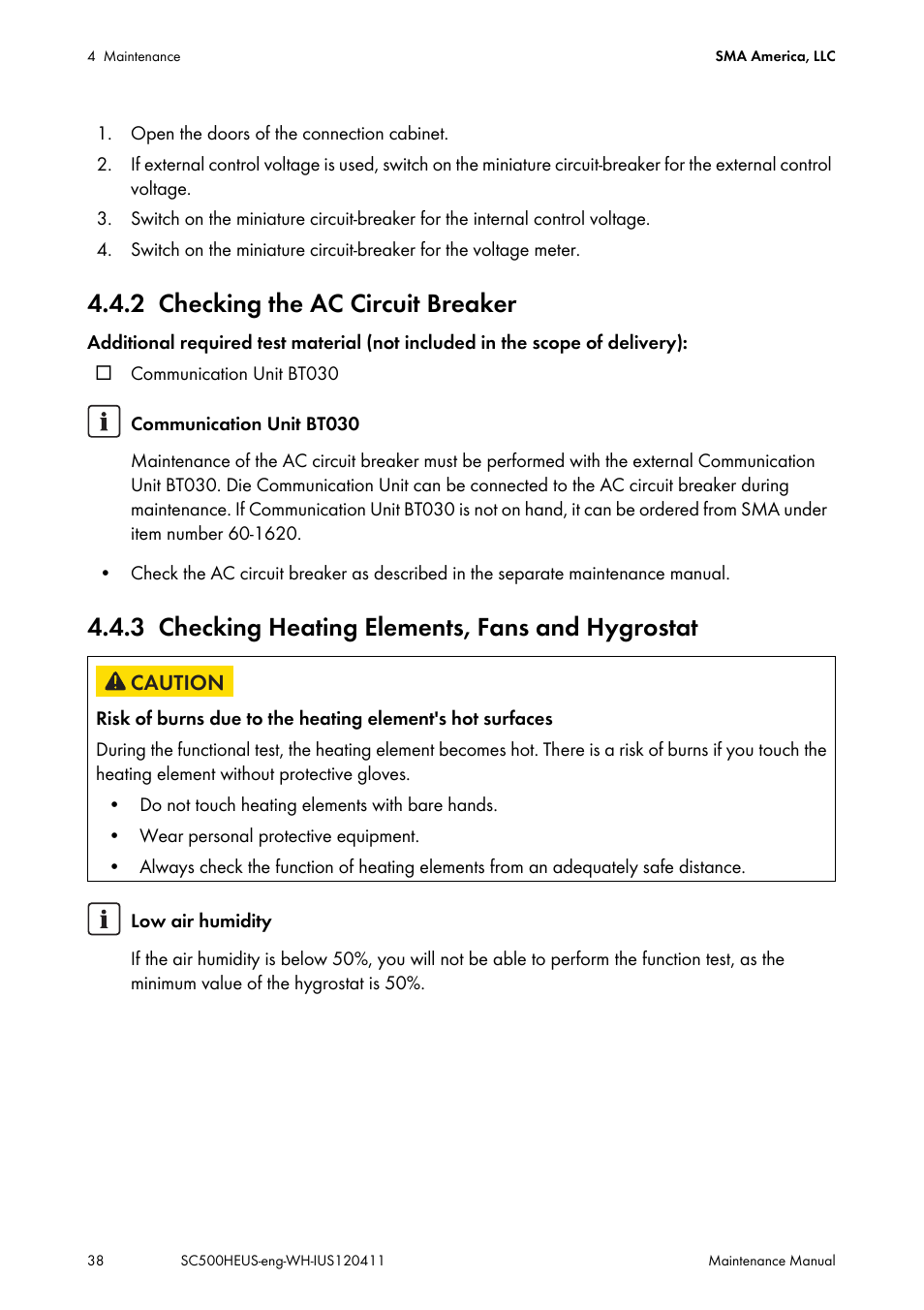 2 checking the ac circuit breaker, 3 checking heating elements, fans and hygrostat, Checking the ac circuit breaker | Checking heating elements, fans and hygrostat | SMA SC 500HE-US Maintenance Manual User Manual | Page 38 / 48