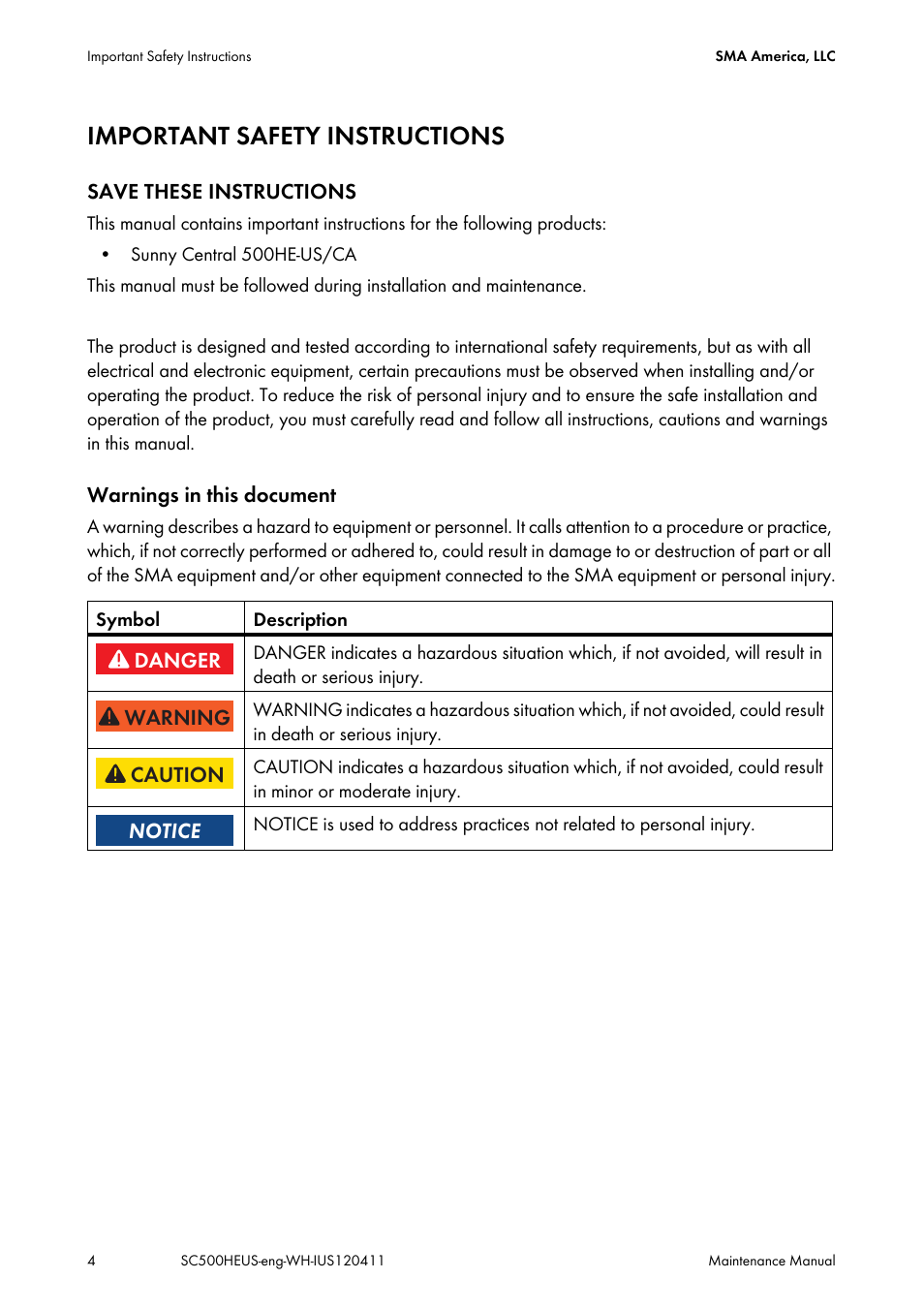 Important safety instructions | SMA SC 500HE-US Maintenance Manual User Manual | Page 4 / 48