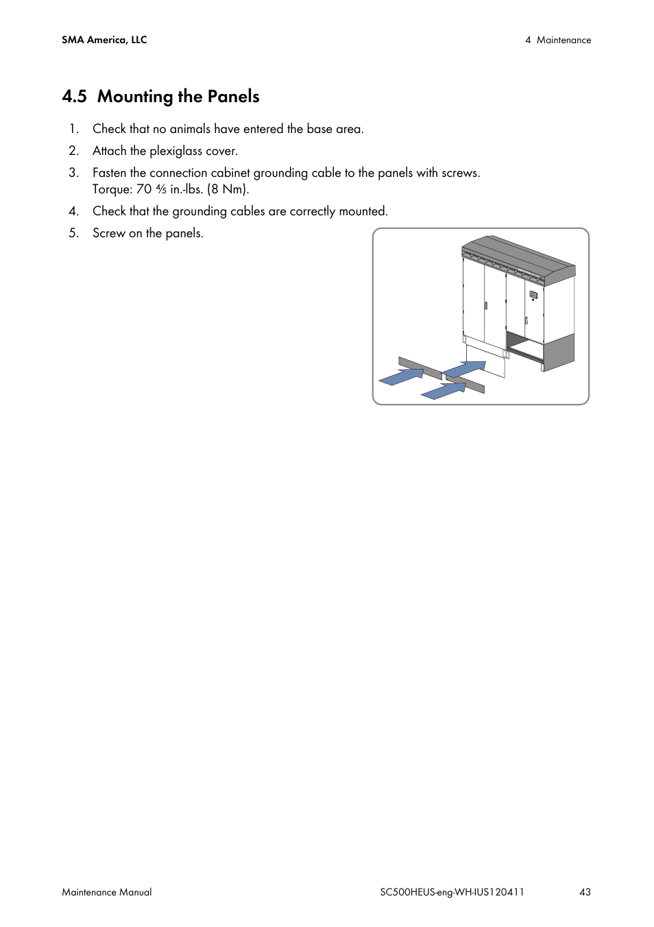 5 mounting the panels, Mounting the panels | SMA SC 500HE-US Maintenance Manual User Manual | Page 43 / 48