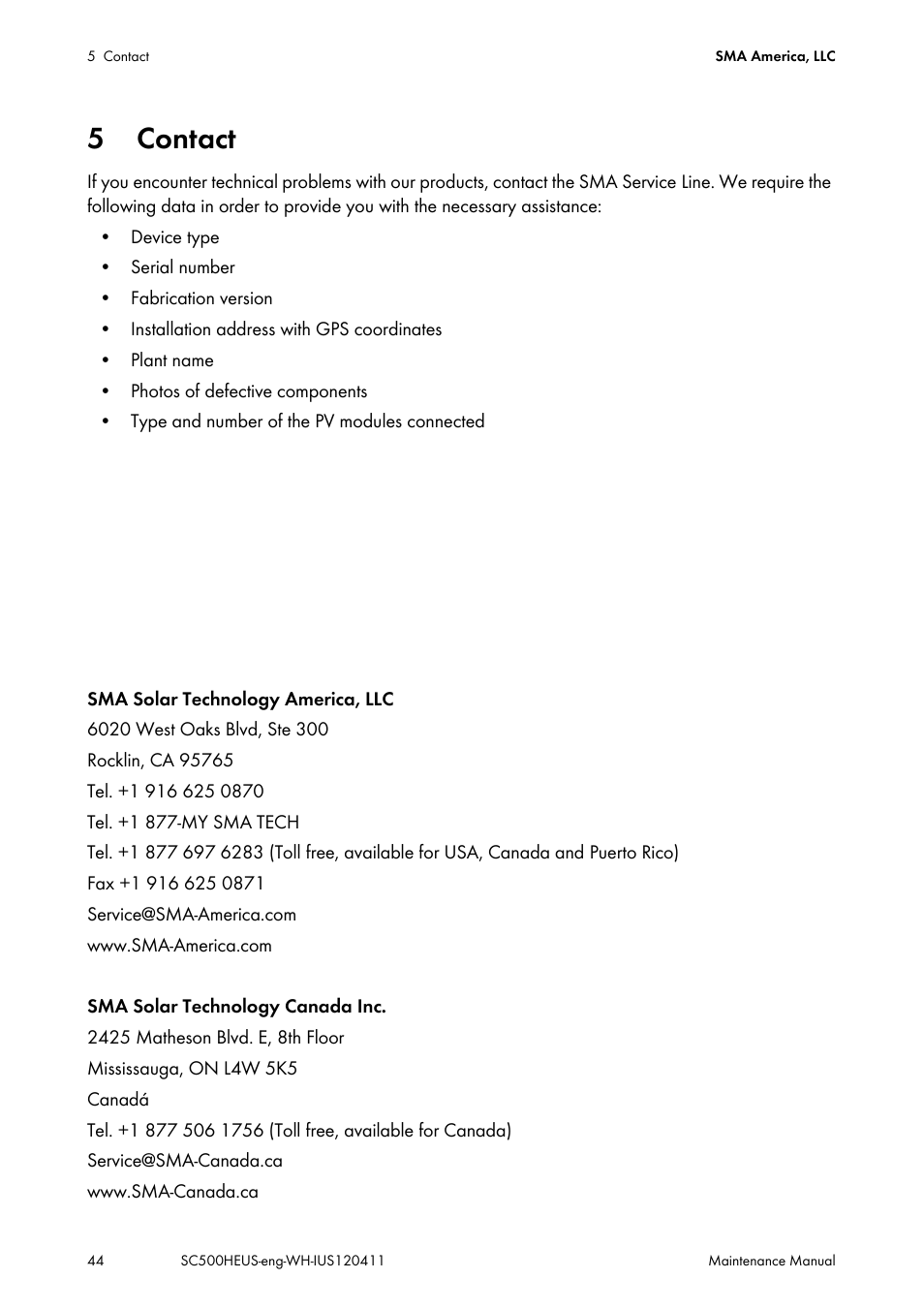 5 contact, Contact | SMA SC 500HE-US Maintenance Manual User Manual | Page 44 / 48