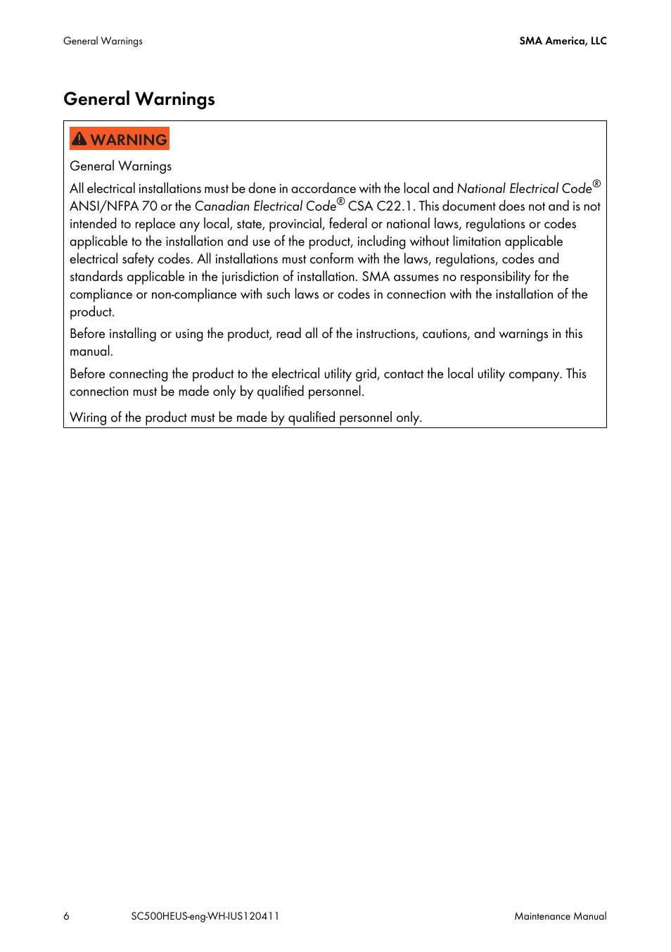 General warnings | SMA SC 500HE-US Maintenance Manual User Manual | Page 6 / 48