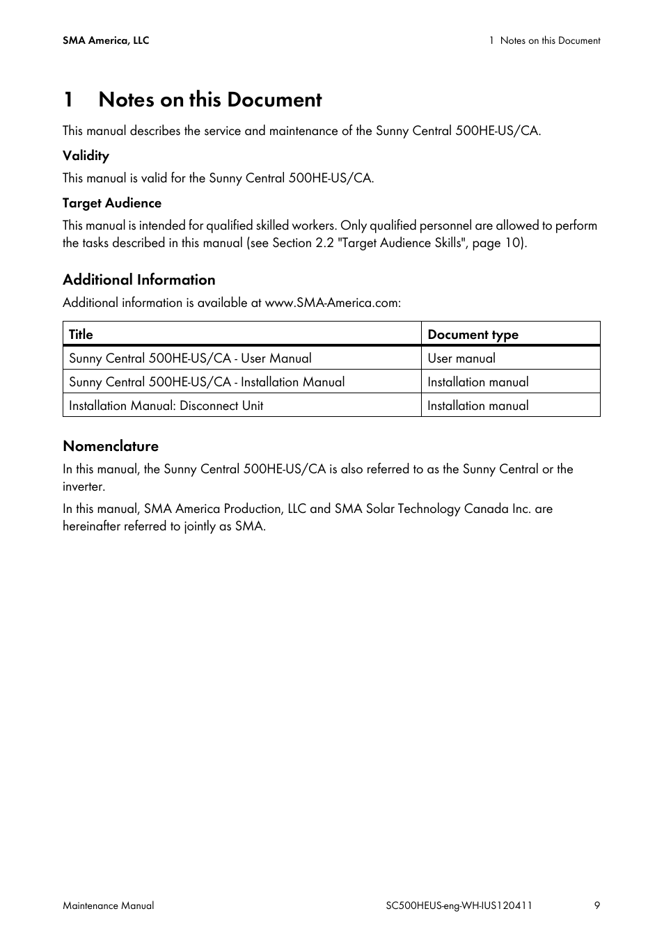 1 notes on this document, Notes on this document | SMA SC 500HE-US Maintenance Manual User Manual | Page 9 / 48