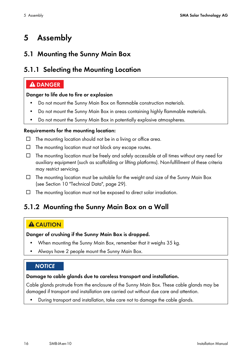 5 assembly, 1 mounting the sunny main box, 1 selecting the mounting location | 2 mounting the sunny main box on a wall, Assembly, Mounting the sunny main box, Selecting the mounting location, Mounting the sunny main box on a wall | SMA SMB User Manual | Page 16 / 36