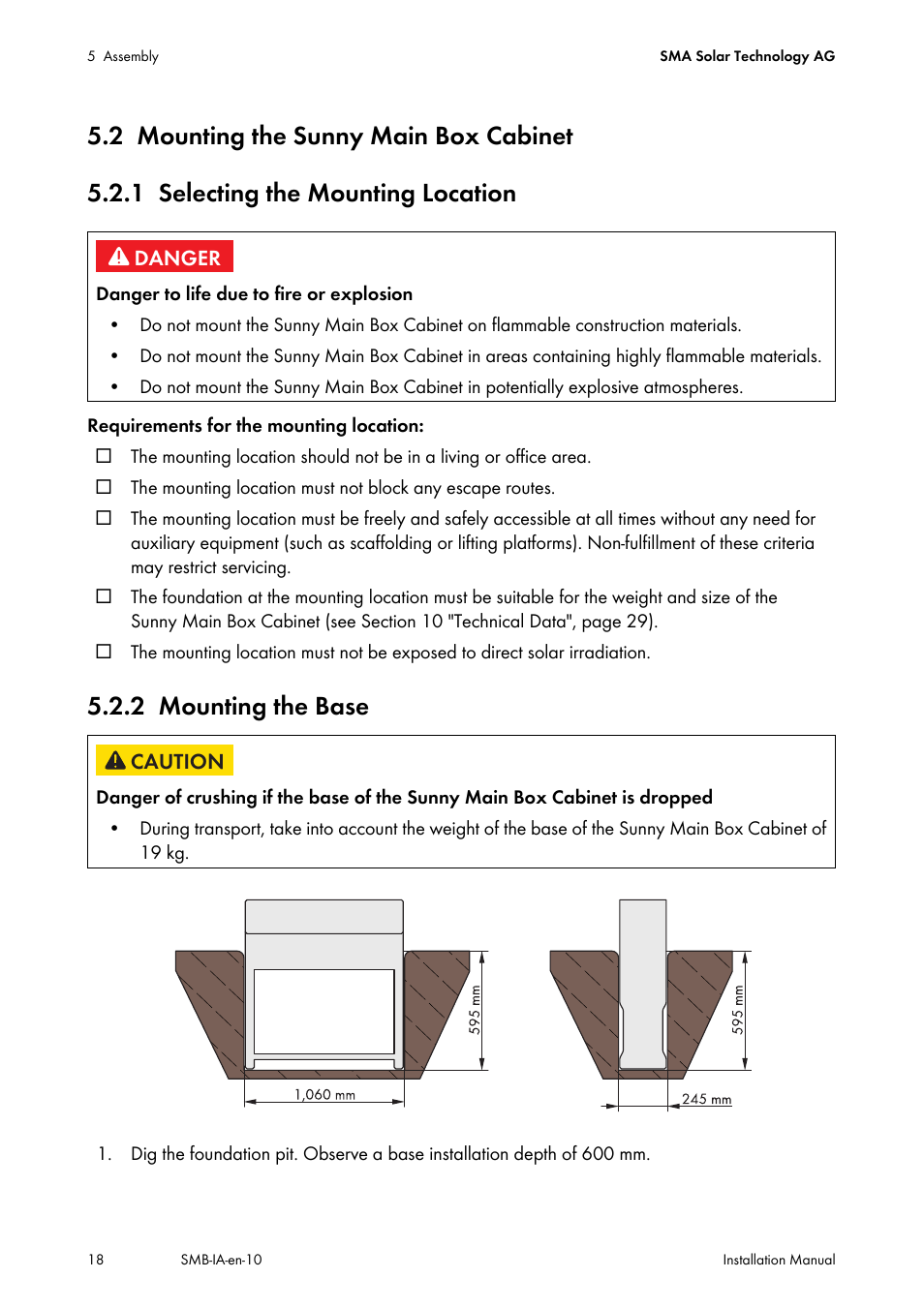 2 mounting the sunny main box cabinet, 1 selecting the mounting location, 2 mounting the base | Mounting the sunny main box cabinet, Selecting the mounting location, Mounting the base | SMA SMB User Manual | Page 18 / 36