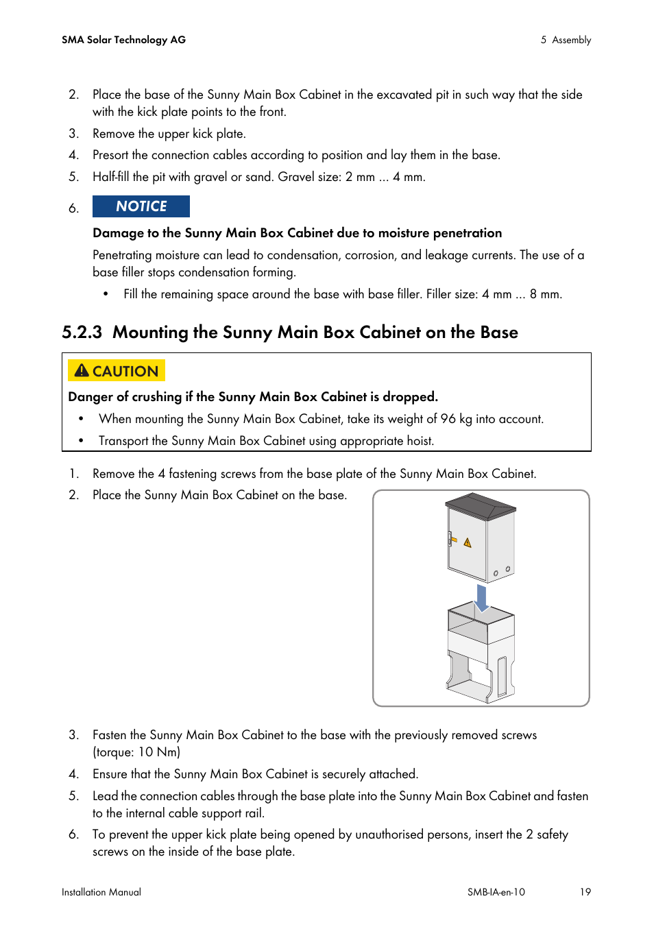 3 mounting the sunny main box cabinet on the base, Mounting the sunny main box cabinet on the base | SMA SMB User Manual | Page 19 / 36