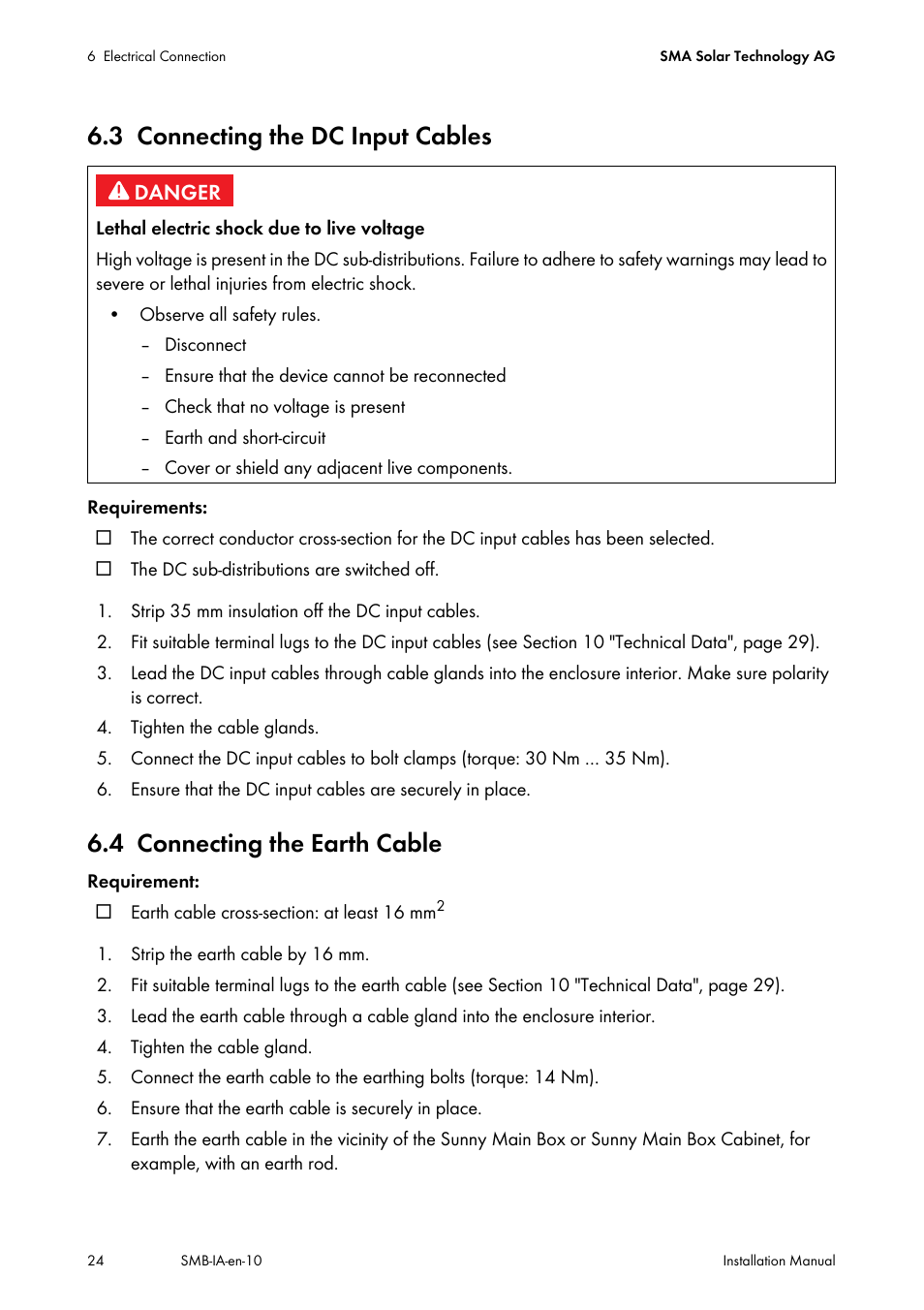 3 connecting the dc input cables, 4 connecting the earth cable, Connecting the dc input cables | Connecting the earth cable | SMA SMB User Manual | Page 24 / 36