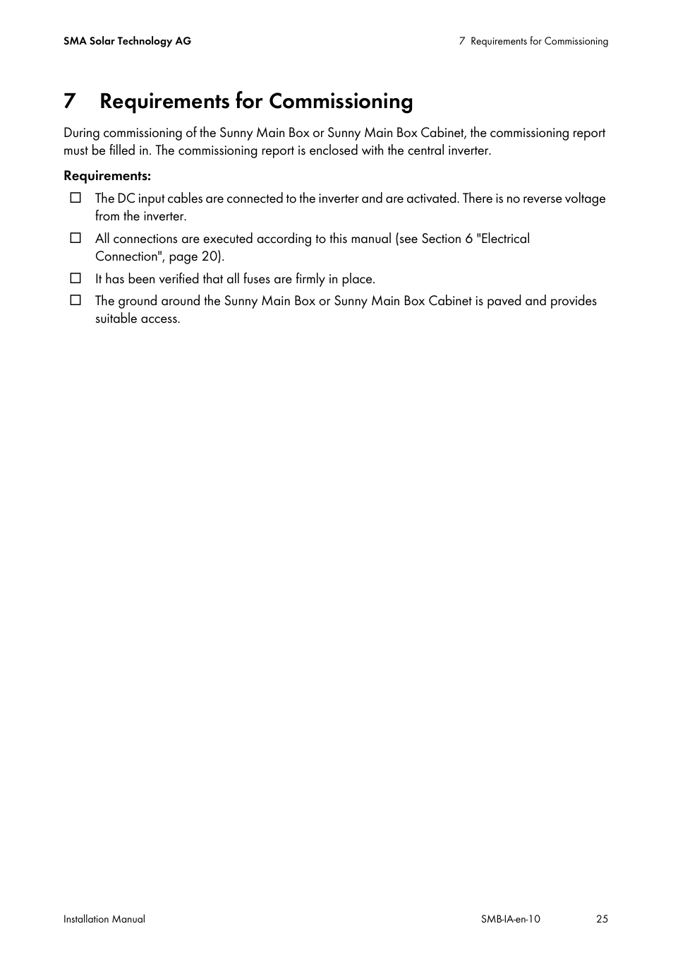 7 requirements for commissioning, Requirements for commissioning | SMA SMB User Manual | Page 25 / 36