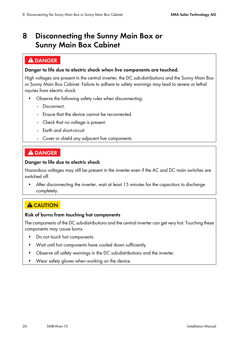 Disconnecting the sunny main box or, Sunny main box cabinet | SMA SMB User Manual | Page 26 / 36