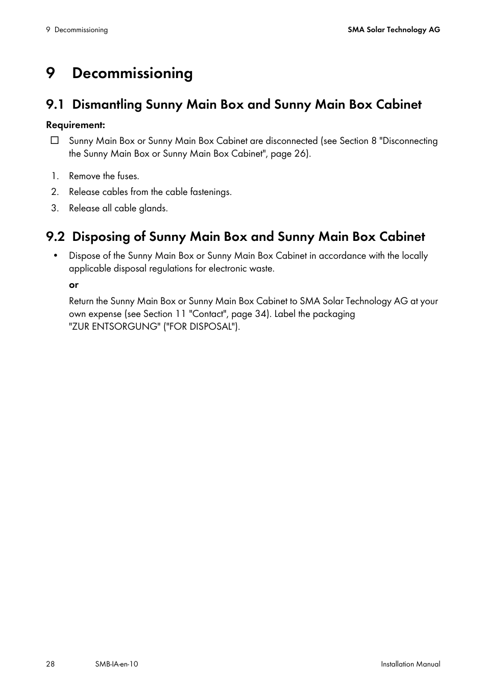 9 decommissioning, Decommissioning | SMA SMB User Manual | Page 28 / 36