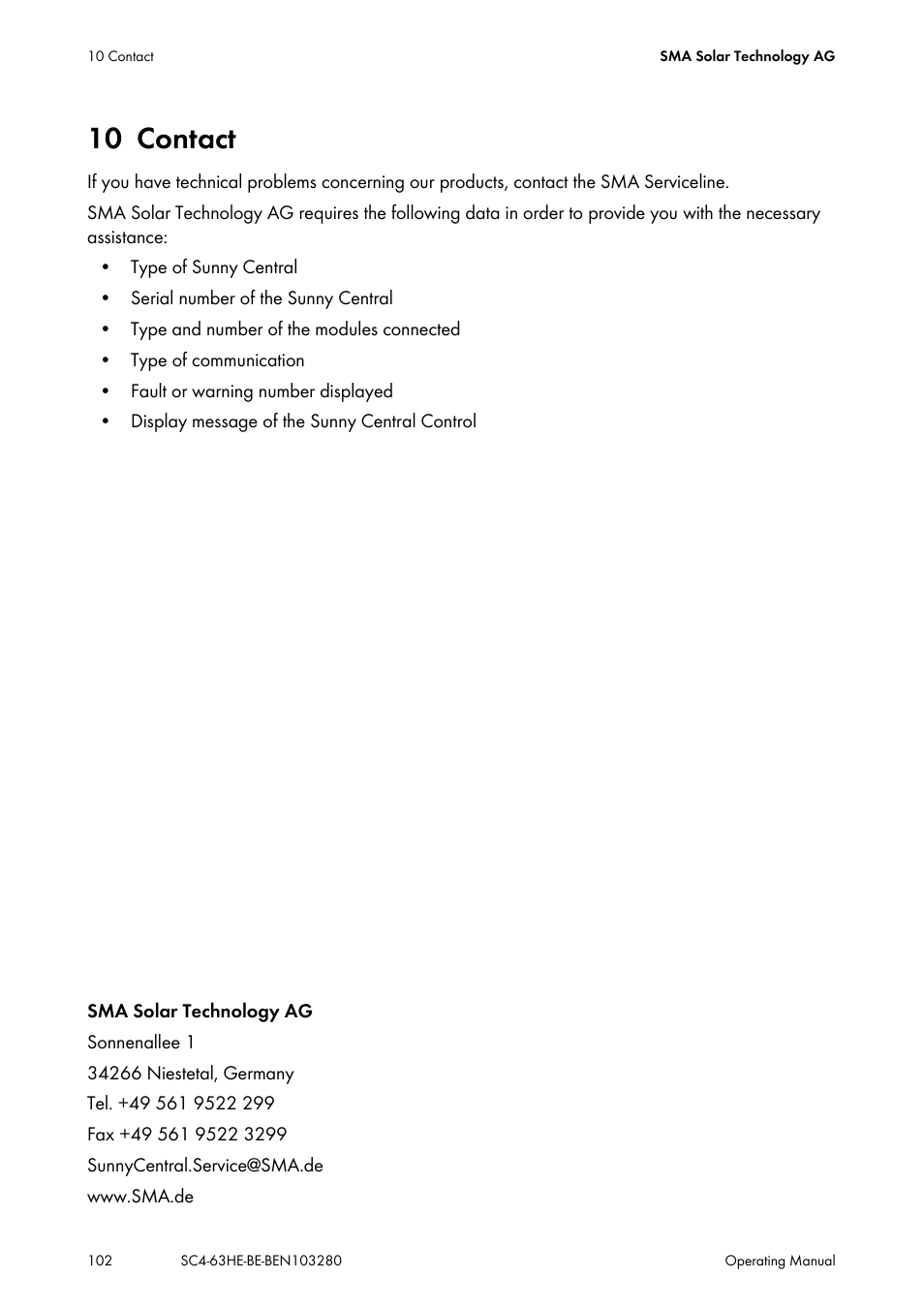 10 contact, Contact | SMA SC 400HE User Manual | Page 102 / 104