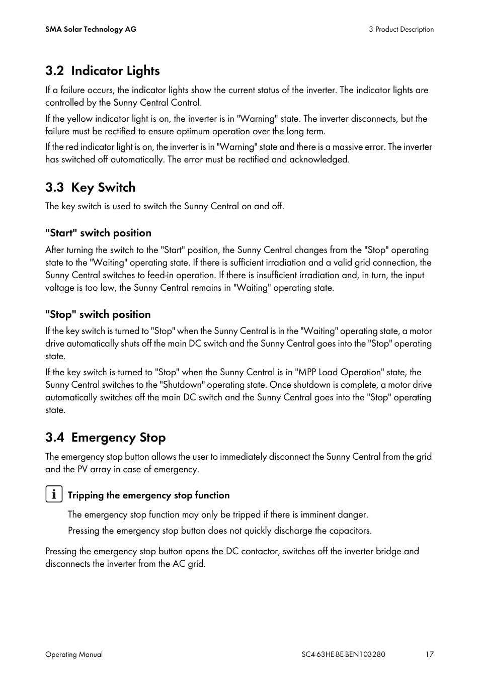 2 indicator lights, 3 key switch, 4 emergency stop | Indicator lights, Key switch, Emergency stop | SMA SC 400HE User Manual | Page 17 / 104