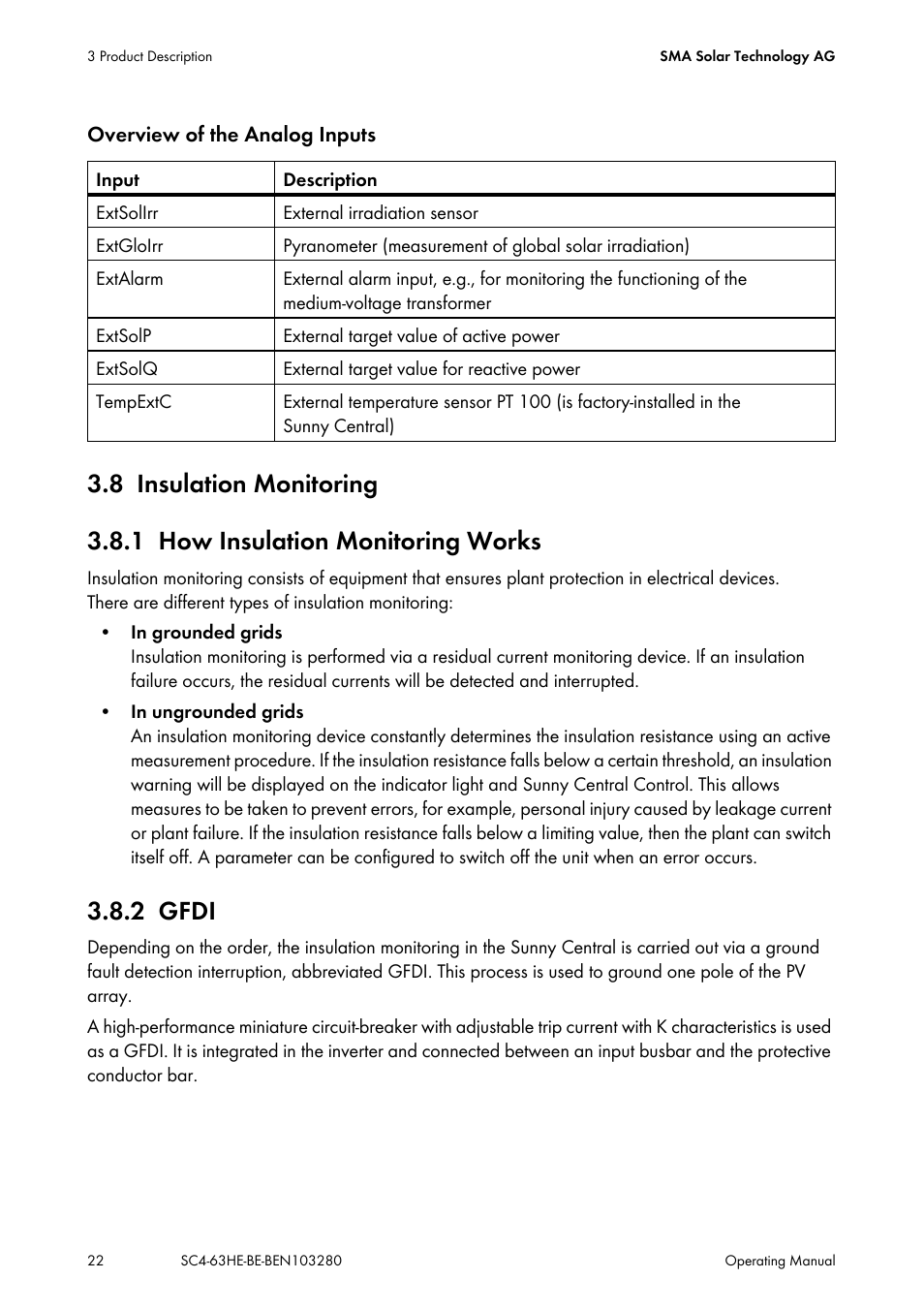 8 insulation monitoring, 1 how insulation monitoring works, 2 gfdi | Insulation monitoring, How insulation monitoring works, Gfdi | SMA SC 400HE User Manual | Page 22 / 104