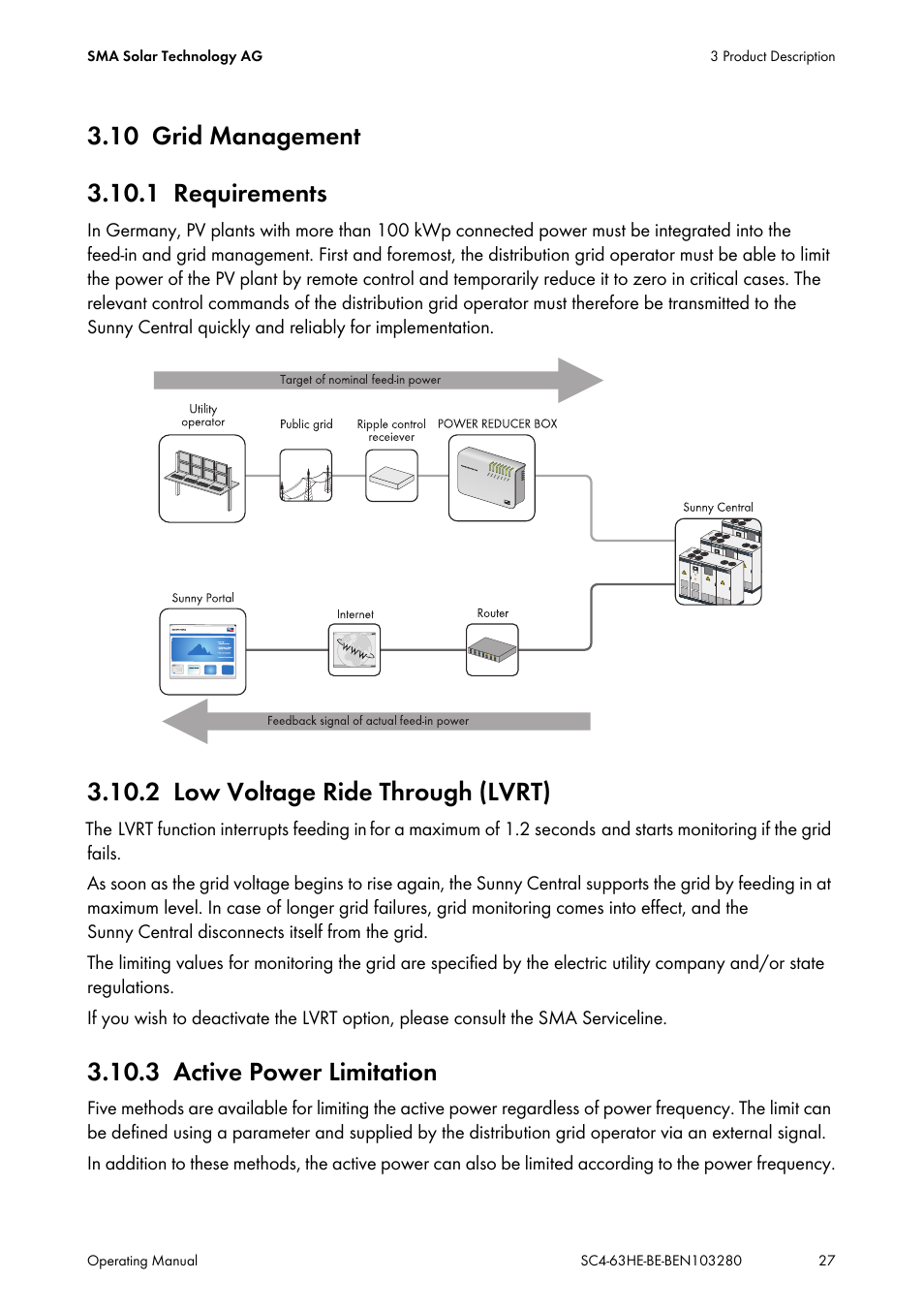 10 grid management, 1 requirements, 2 low voltage ride through (lvrt) | 3 active power limitation, Grid management, Requirements, Low voltage ride through (lvrt), Active power limitation | SMA SC 400HE User Manual | Page 27 / 104