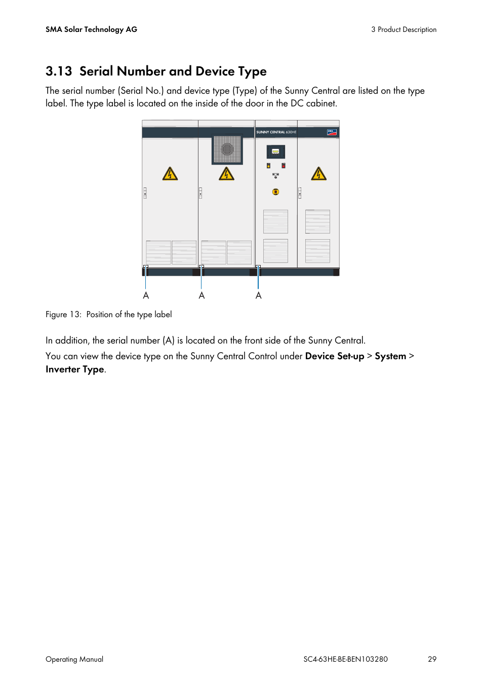 13 serial number and device type, Serial number and device type | SMA SC 400HE User Manual | Page 29 / 104