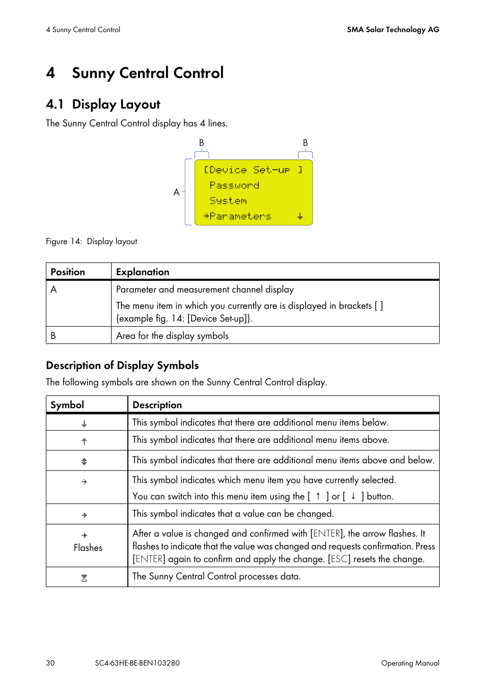 4 sunny central control, 1 display layout, Sunny central control | Display layout | SMA SC 400HE User Manual | Page 30 / 104