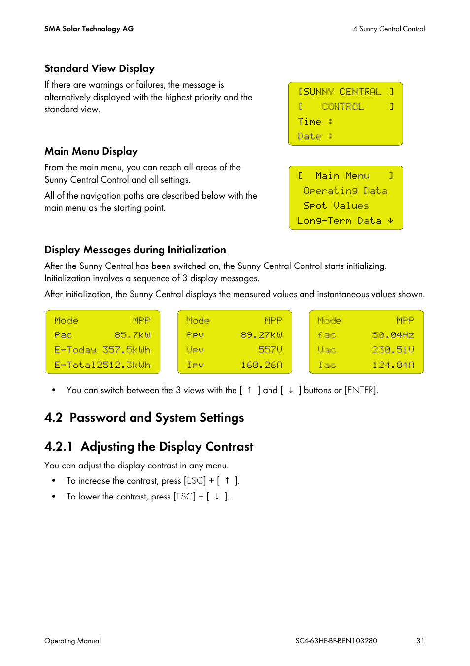 2 password and system settings, 1 adjusting the display contrast, Password and system settings | Adjusting the display contrast | SMA SC 400HE User Manual | Page 31 / 104