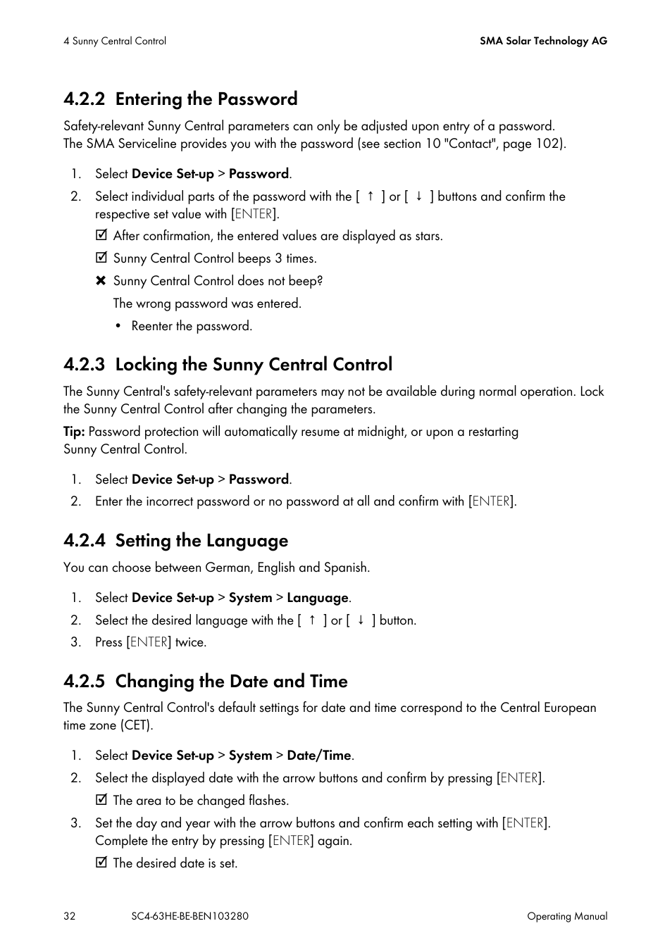 2 entering the password, 3 locking the sunny central control, 4 setting the language | 5 changing the date and time, Entering the password, Locking the sunny central control, Setting the language, Changing the date and time | SMA SC 400HE User Manual | Page 32 / 104