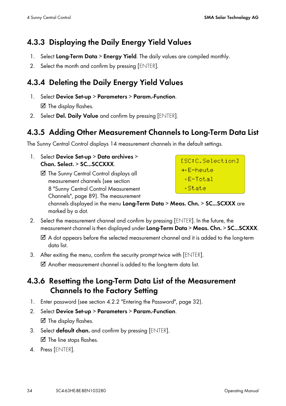 3 displaying the daily energy yield values, 4 deleting the daily energy yield values, Displaying the daily energy yield values | Deleting the daily energy yield values | SMA SC 400HE User Manual | Page 34 / 104