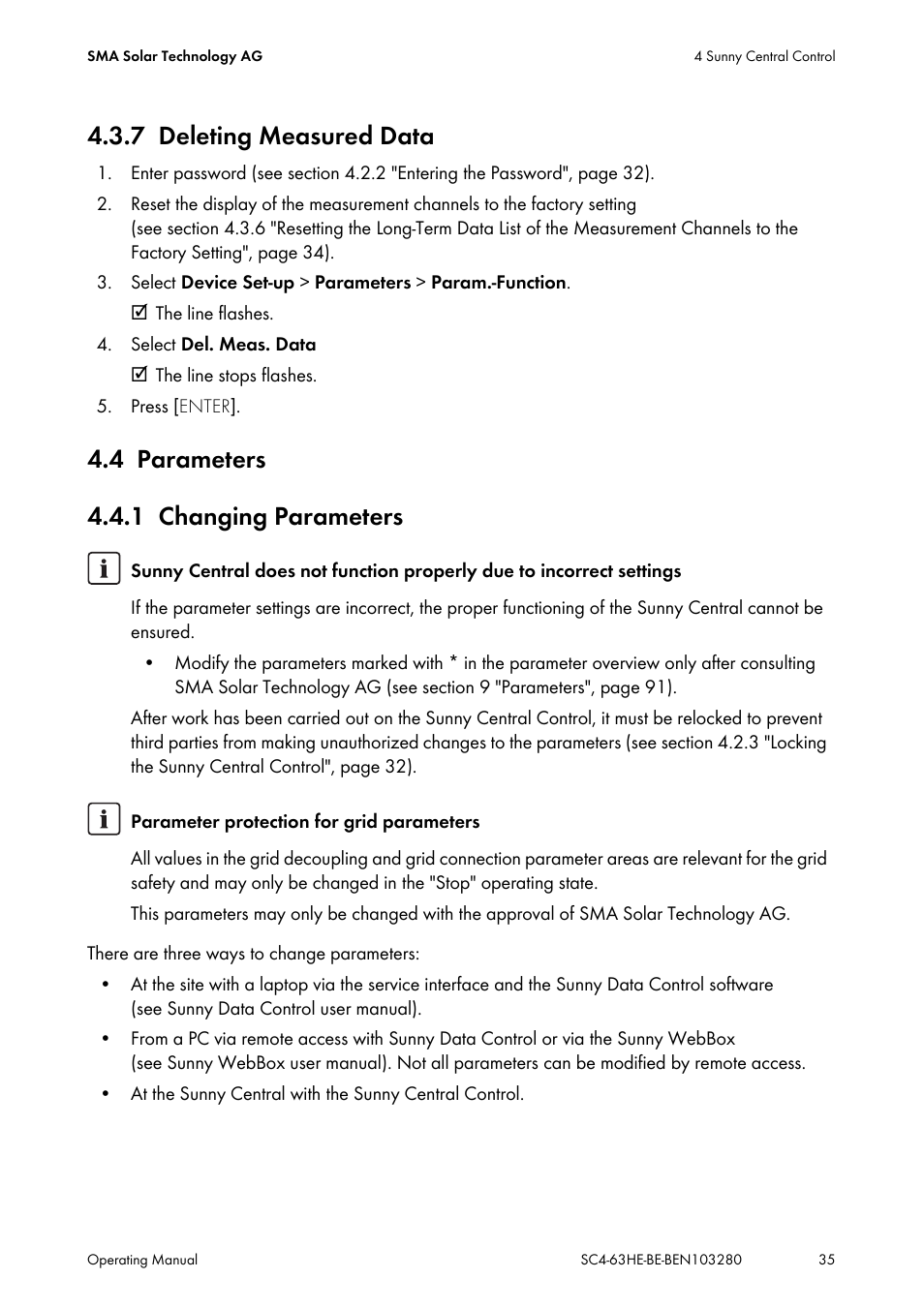 7 deleting measured data, 4 parameters, 1 changing parameters | Deleting measured data, Parameters, Changing parameters, 4 parameters 4.4.1 changing parameters | SMA SC 400HE User Manual | Page 35 / 104