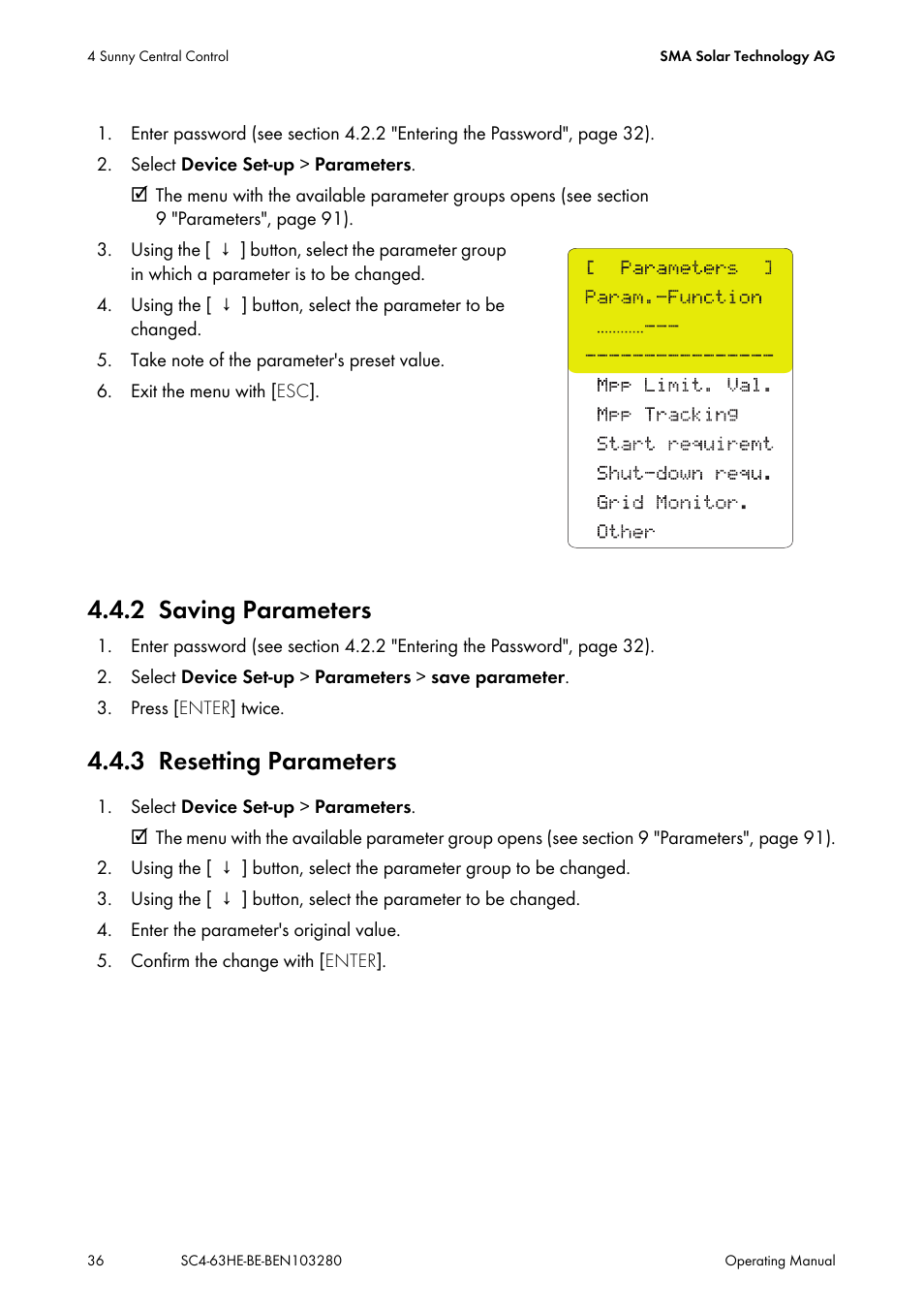 2 saving parameters, 3 resetting parameters, Saving parameters | Resetting parameters | SMA SC 400HE User Manual | Page 36 / 104